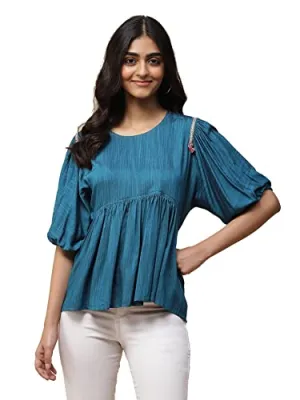 Aarke Ritu Kumar Blue Solid Gathered Top