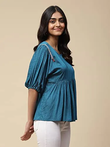 Aarke Ritu Kumar Blue Solid Gathered Top