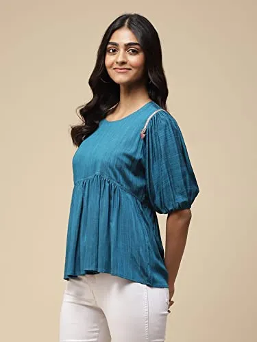 Aarke Ritu Kumar Blue Solid Gathered Top