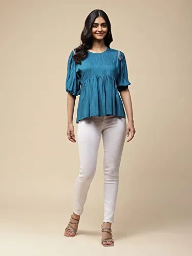 Aarke Ritu Kumar Blue Solid Gathered Top