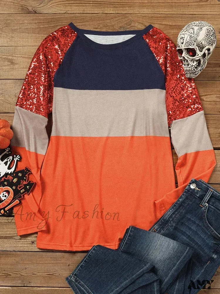 Amy Fashion - Oversized Sequin Long Sleeve Color Block TShirt