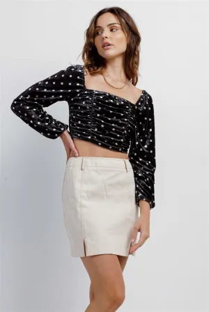 Black Cream Polka Dot Velvet Ruched Crop Top /3-2-1