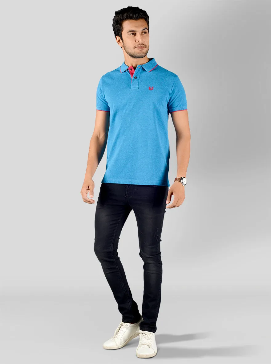 Bright Blue Solid Slim Fit Polo T-shirt | Greenfibre