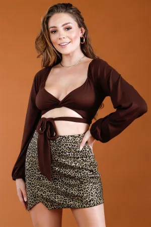 Brown Front Twist Detail Wrap Neck Self-Tie Crop Top /3-2-1