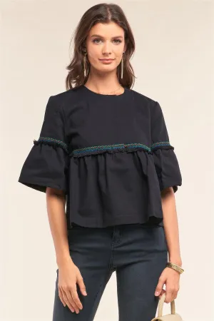 Embroidery Shredded Trim Bell Sleeve Cropped Top