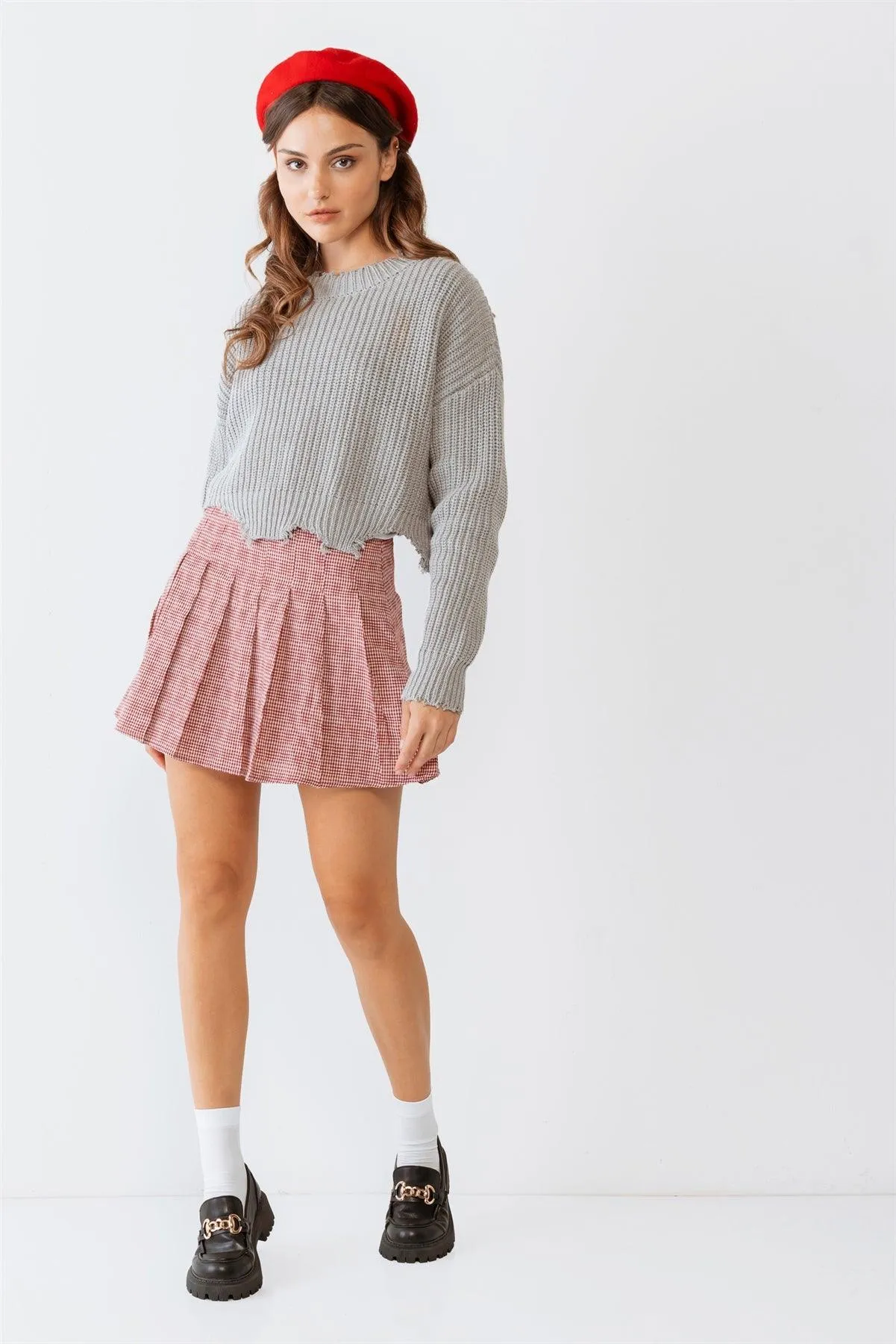 Grey Knit Torn Edge Long Sleeve Crop Sweater /2-2-1