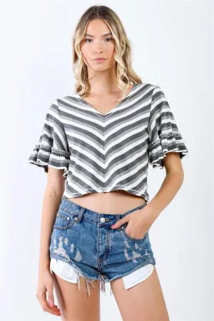 Grey Multi Color Stripe Ribbed Ruffle Short Sleeve V-Neck Crop Top /2-3-1