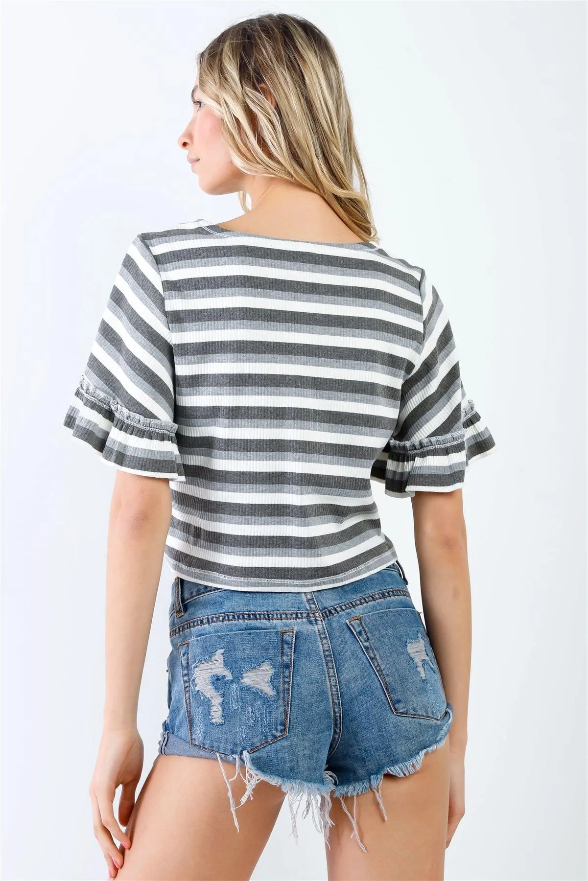 Grey Multi Color Stripe Ribbed Ruffle Short Sleeve V-Neck Crop Top /2-3-1