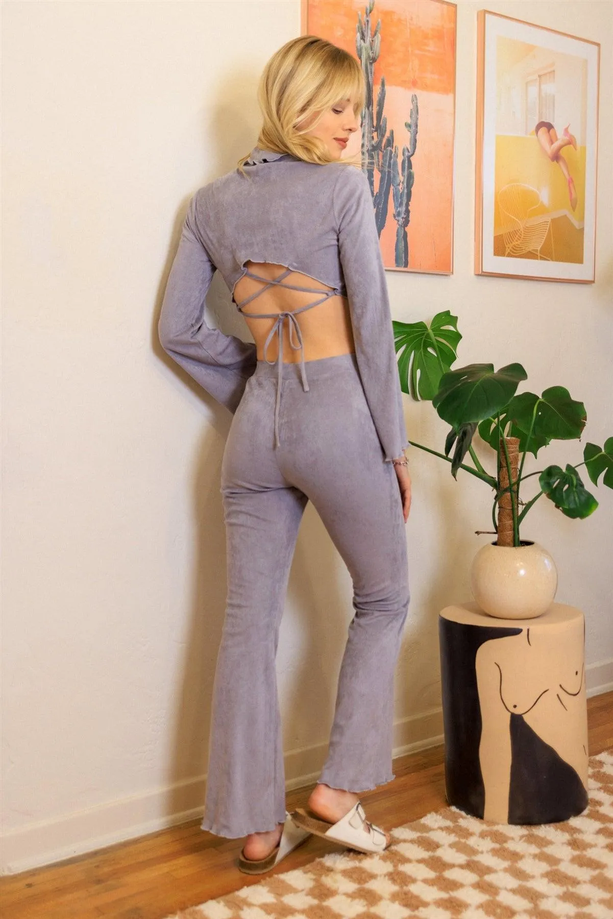 Grey Ribbed Suede Back Lace Down Turtle Neck Crop Top & Flare Pant Set /4-2-1