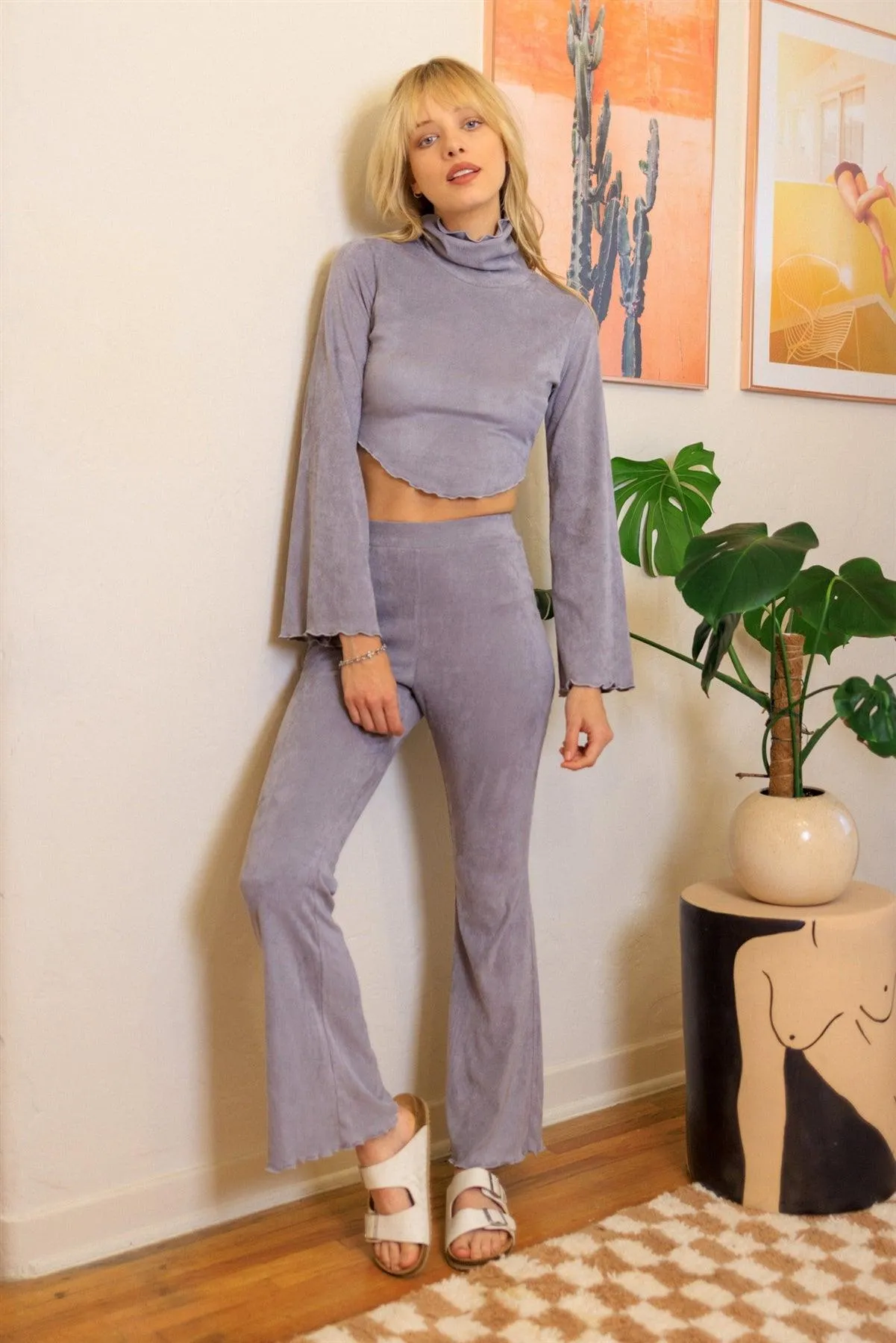 Grey Ribbed Suede Back Lace Down Turtle Neck Crop Top & Flare Pant Set /4-2-1