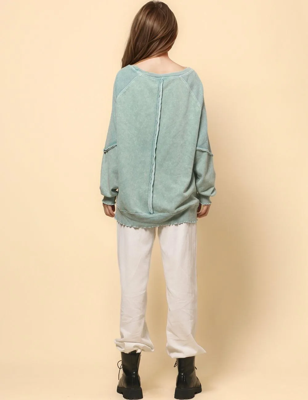 Ladies Slouchy Washed Color Relaxed Pullover Sweatshirt SKT4737