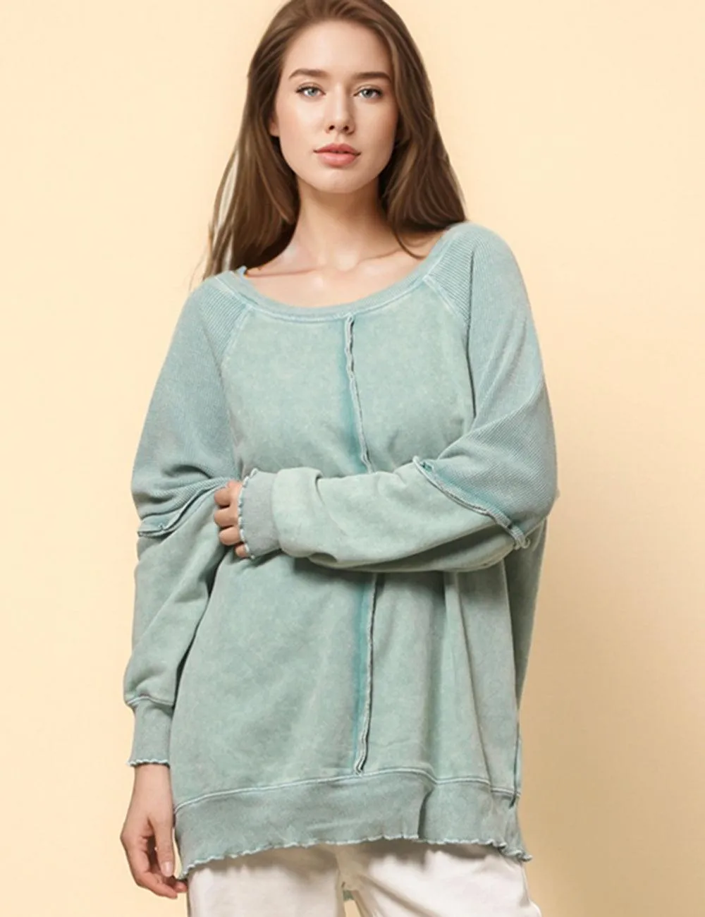 Ladies Slouchy Washed Color Relaxed Pullover Sweatshirt SKT4737