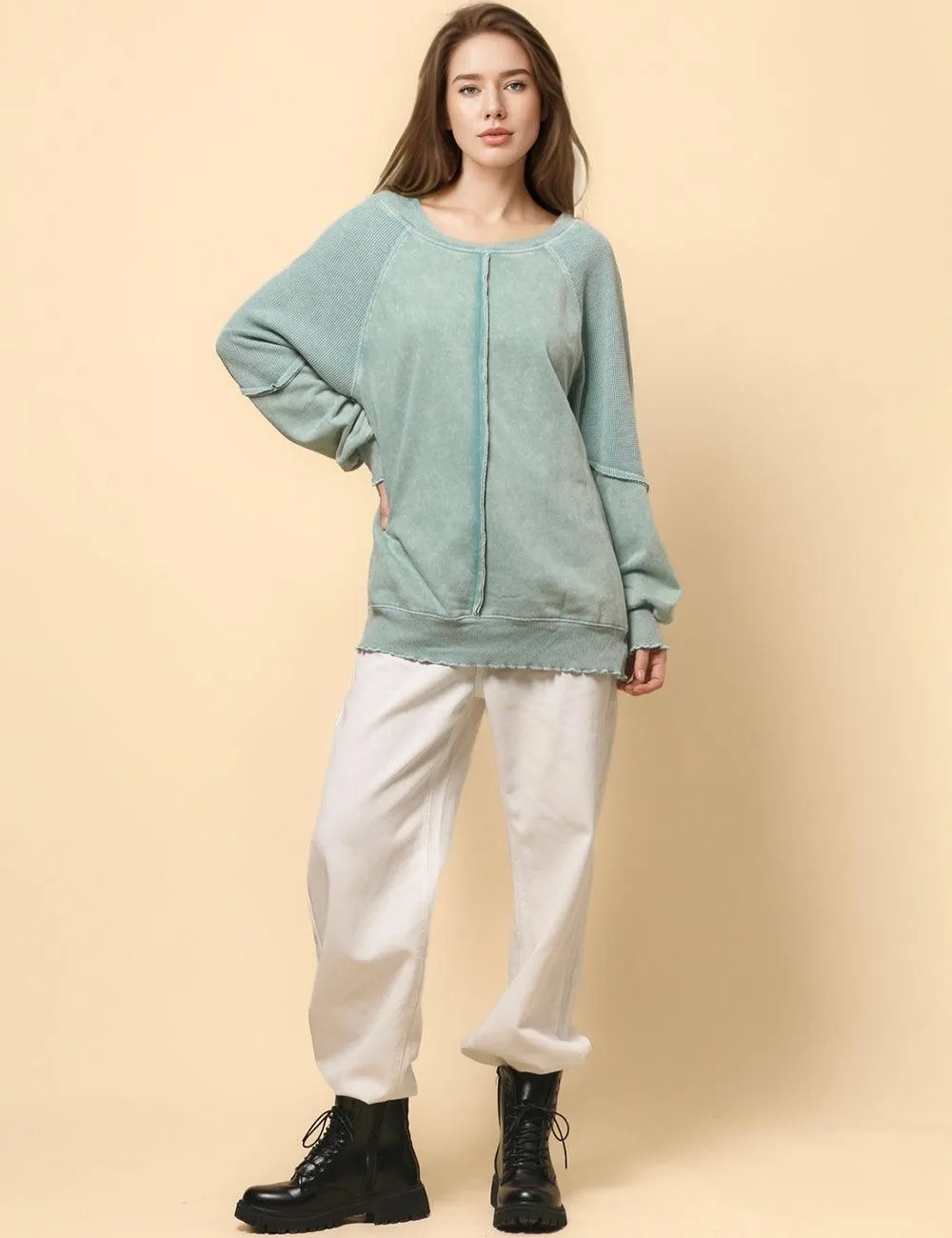 Ladies Slouchy Washed Color Relaxed Pullover Sweatshirt SKT4737