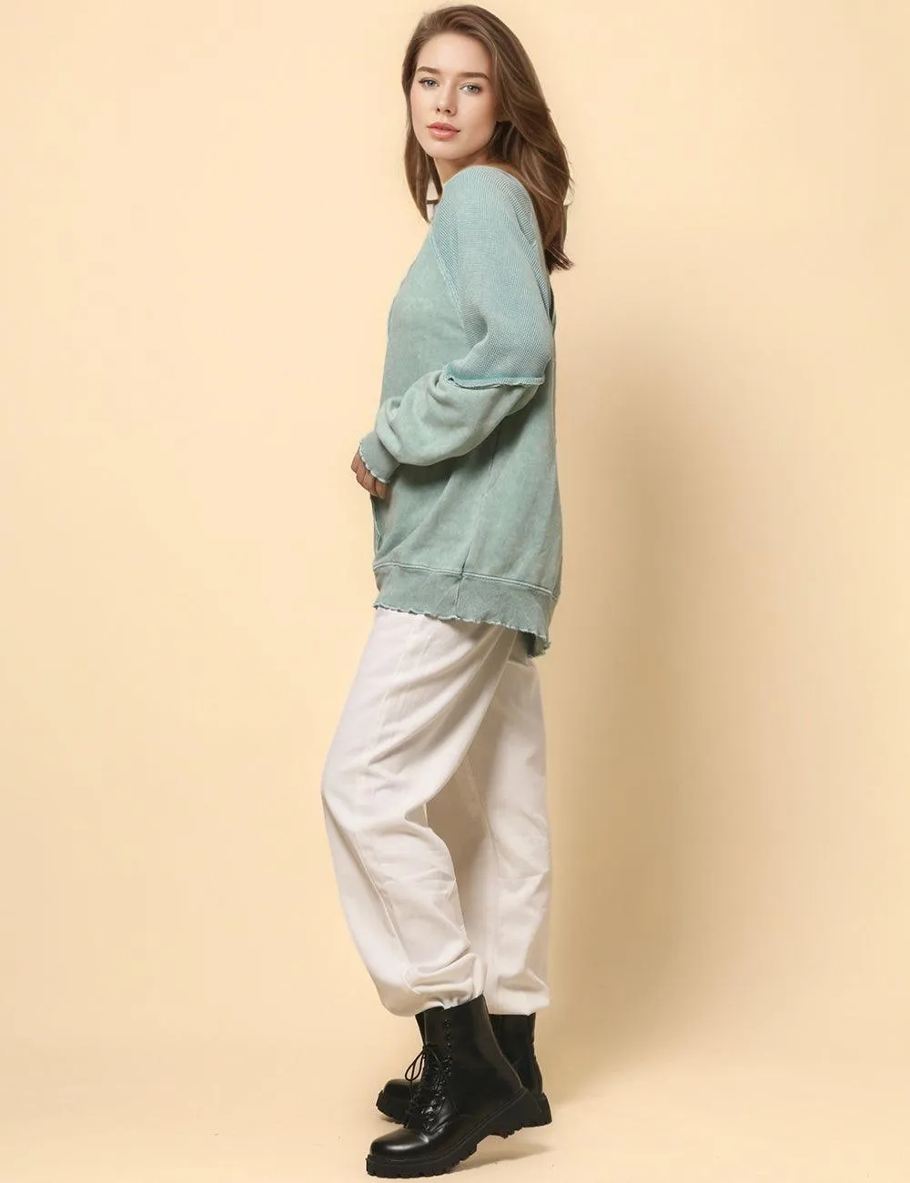 Ladies Slouchy Washed Color Relaxed Pullover Sweatshirt SKT4737