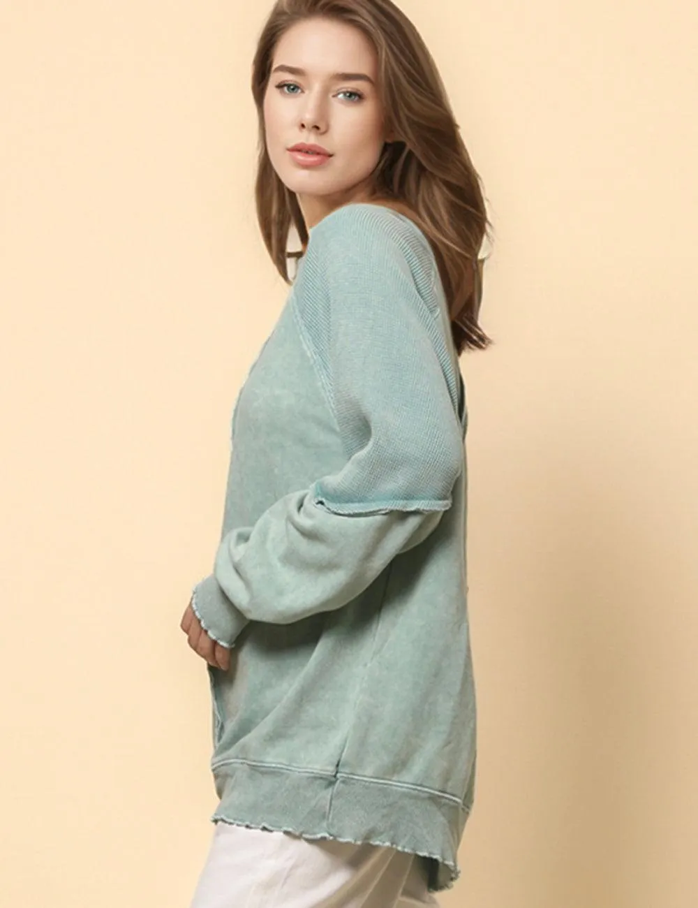 Ladies Slouchy Washed Color Relaxed Pullover Sweatshirt SKT4737