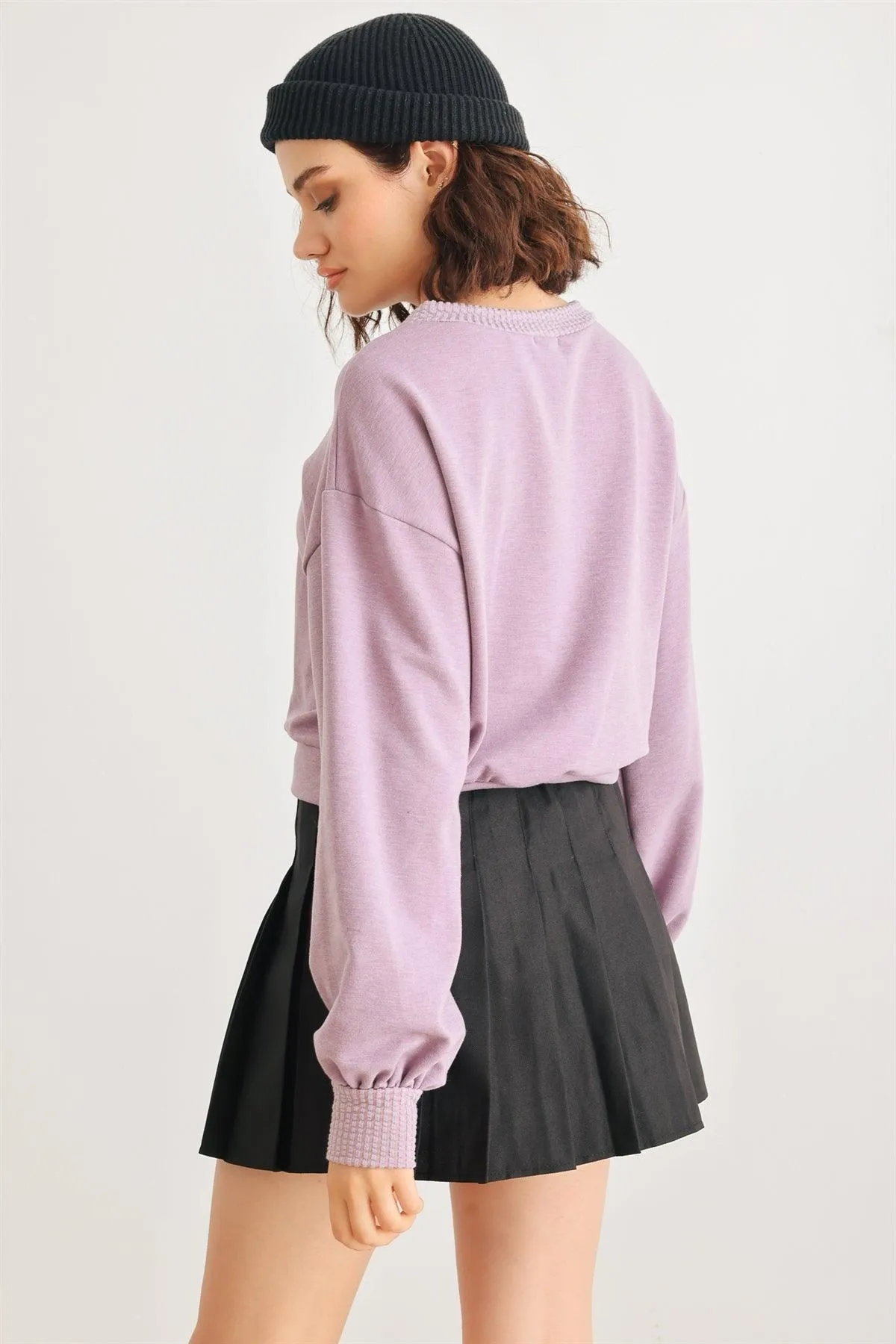 Lavender Long Sleeve Crew Neck Crop Pullover Top /1-1-2-1