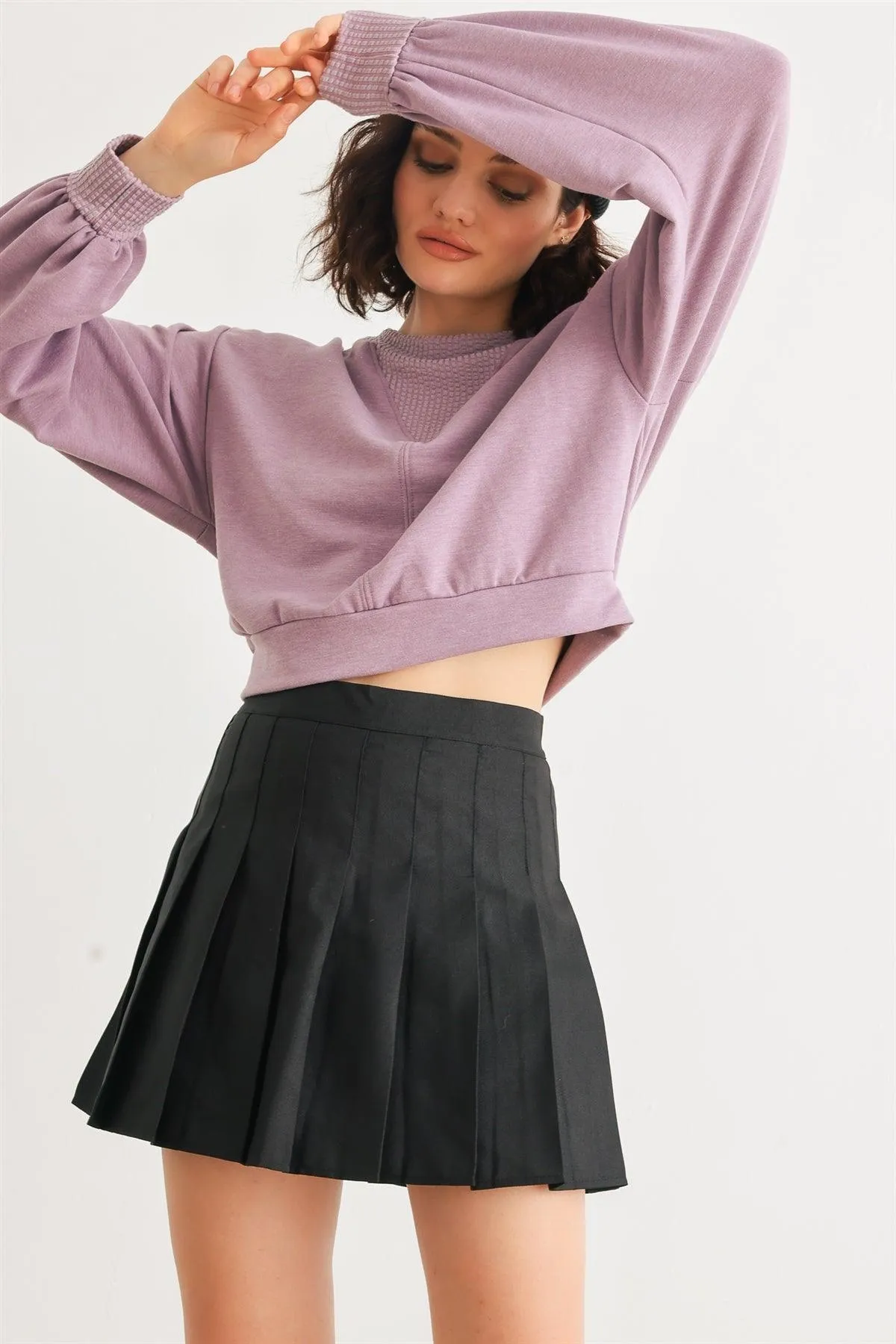 Lavender Long Sleeve Crew Neck Crop Pullover Top /1-1-2-1