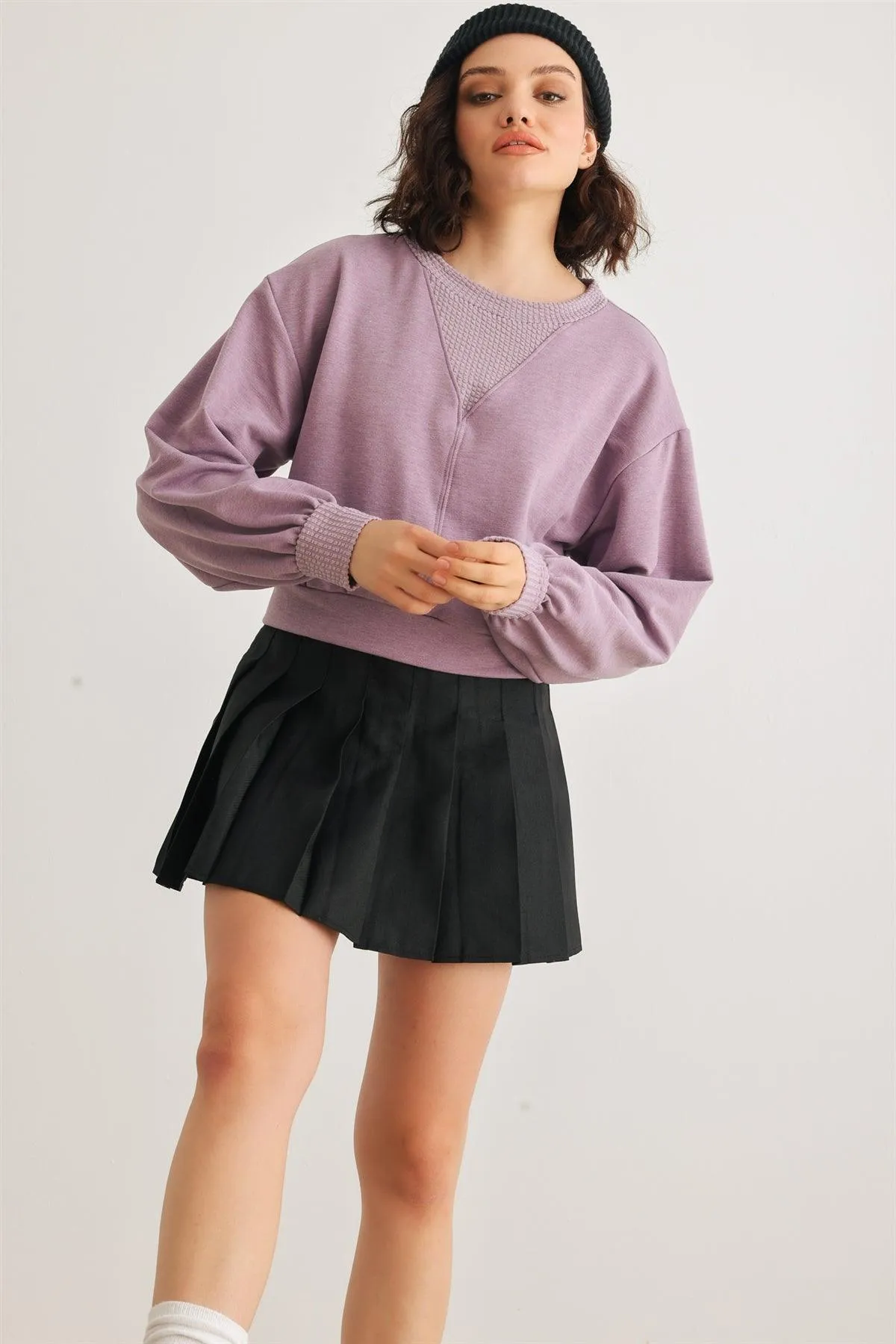 Lavender Long Sleeve Crew Neck Crop Pullover Top /1-1-2-1