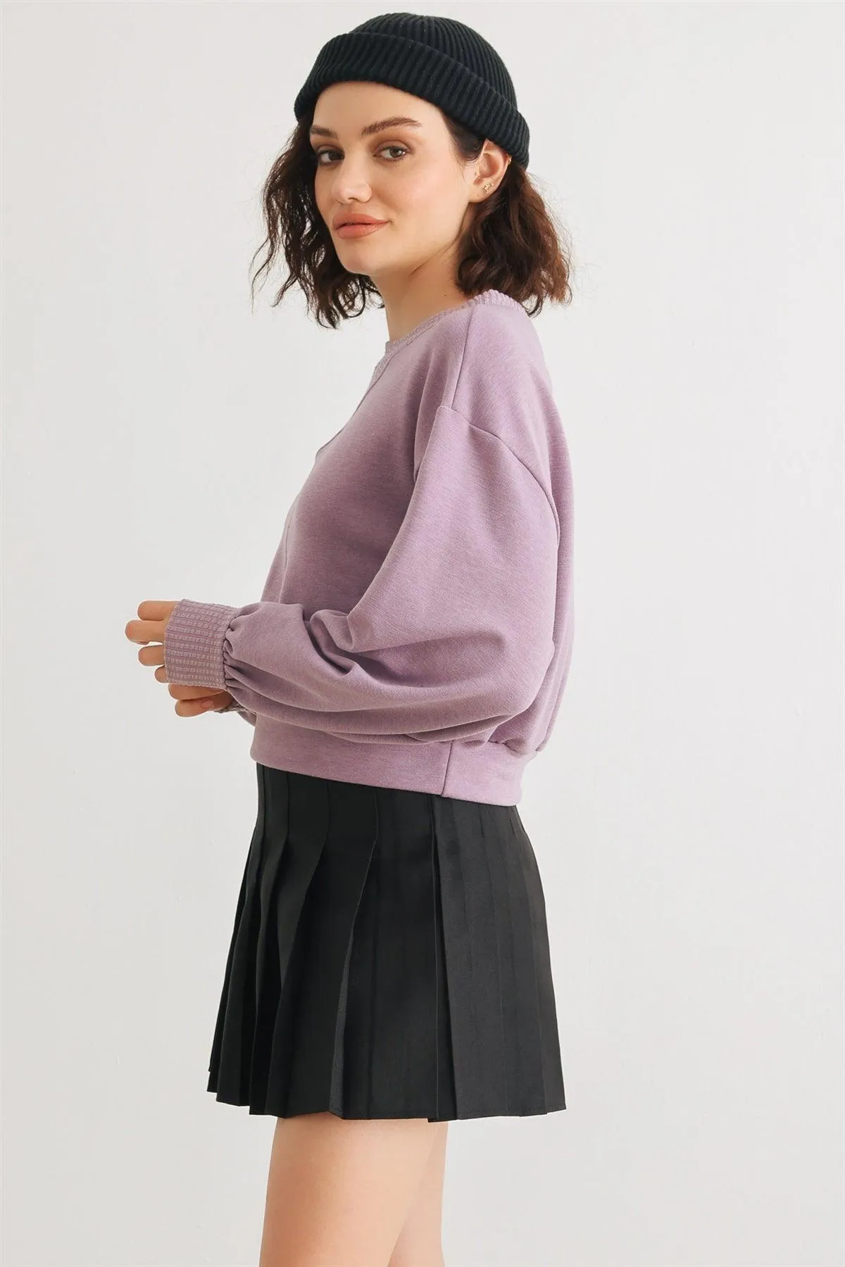 Lavender Long Sleeve Crew Neck Crop Pullover Top /1-1-2-1