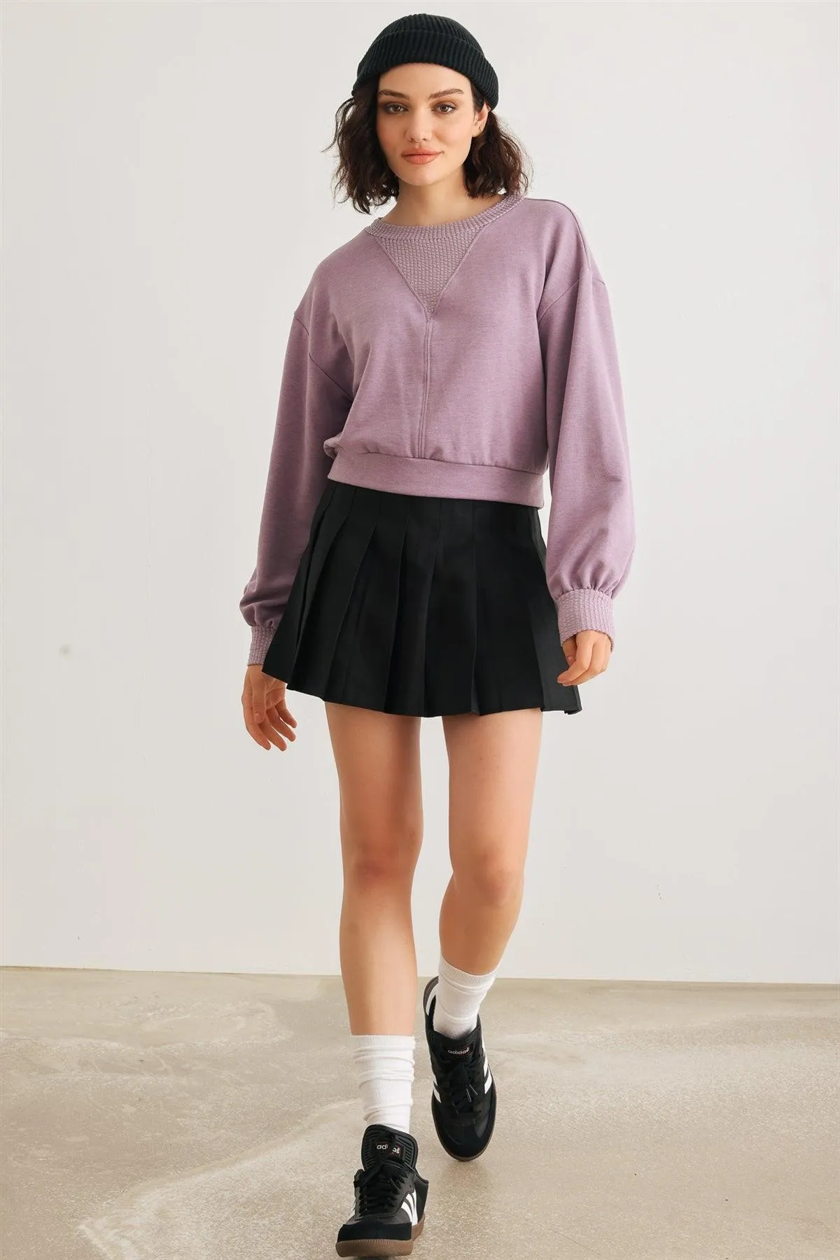 Lavender Long Sleeve Crew Neck Crop Pullover Top /1-1-2-1