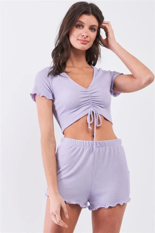 Lavender Ribbed Drawstring Ruched Front V-Neck Short Sleeve Frill Trim Cropped Top & High-Waisted Shorts Set