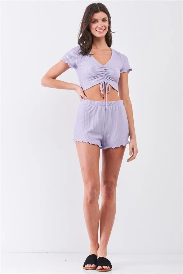 Lavender Ribbed Drawstring Ruched Front V-Neck Short Sleeve Frill Trim Cropped Top & High-Waisted Shorts Set