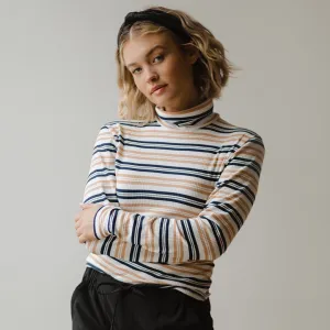 Long Sleeve Turtleneck, Navy and Tan Stripe