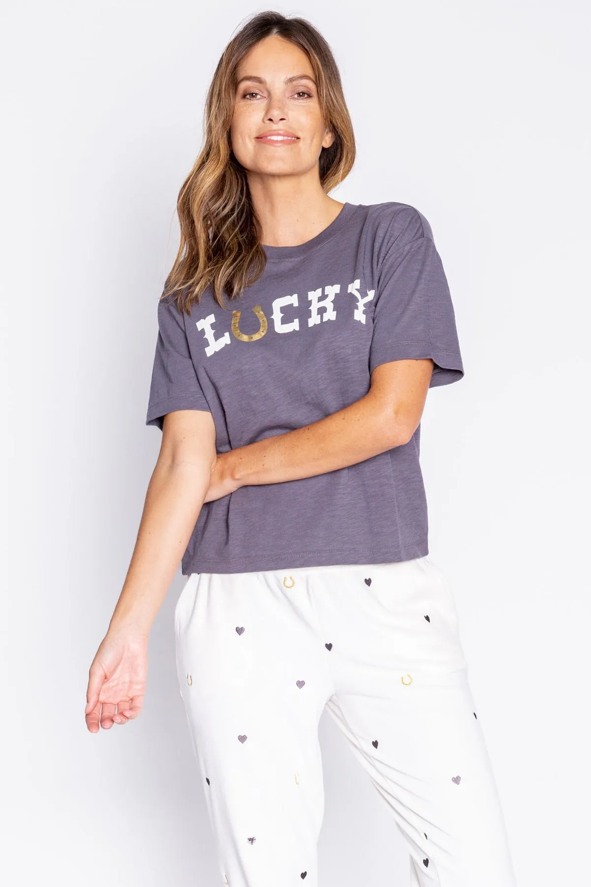 Lucky In Love Short Sleeve Top in Charcoal