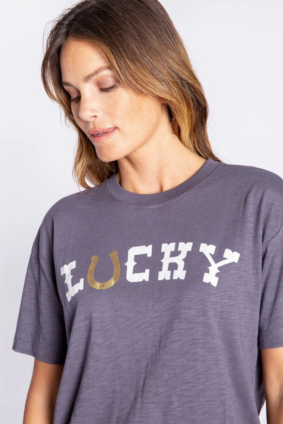 Lucky In Love Short Sleeve Top in Charcoal