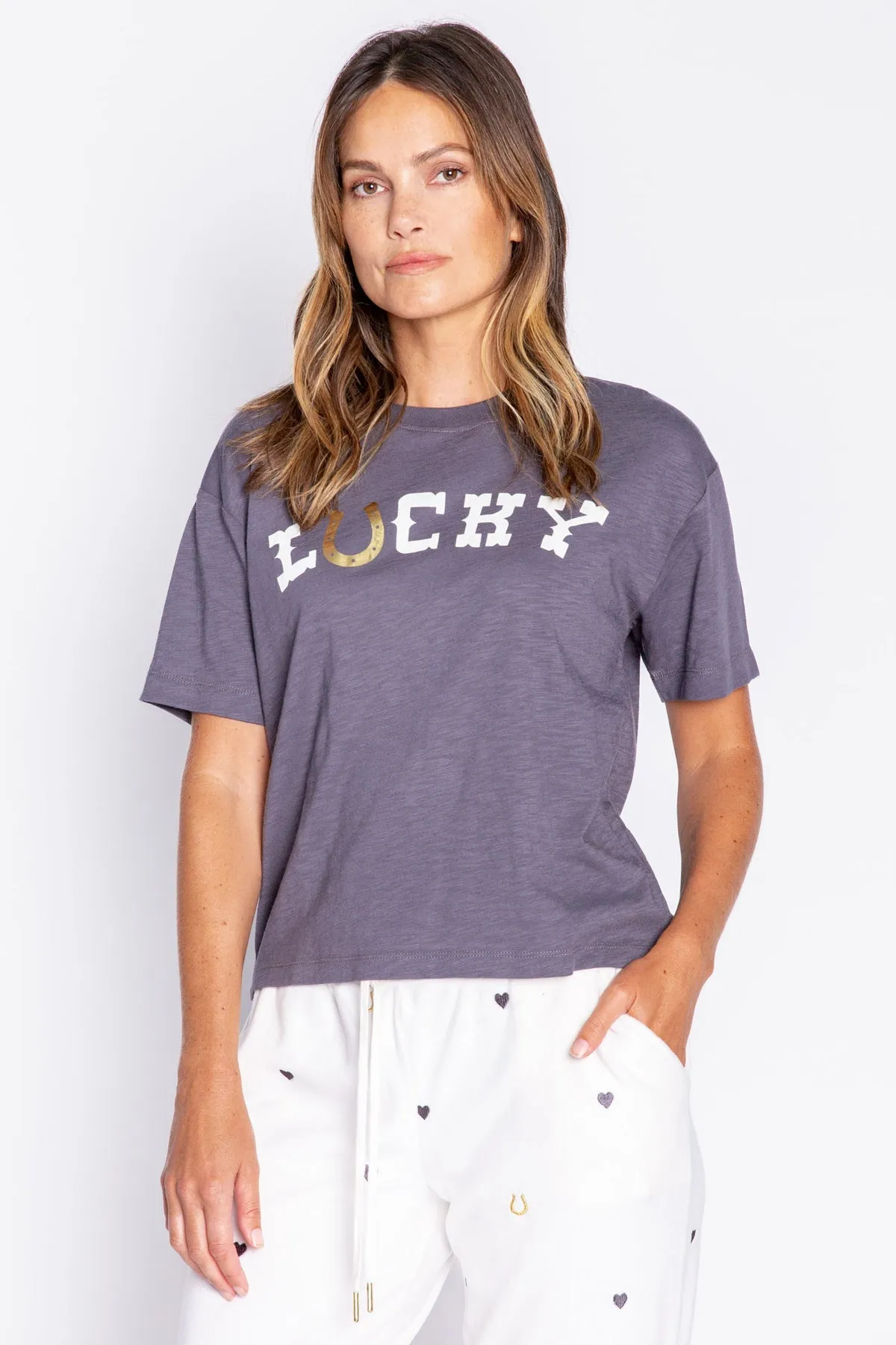 Lucky In Love Short Sleeve Top in Charcoal