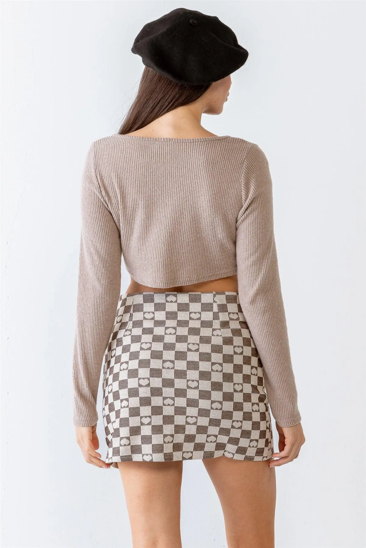 Mocha Ribbed Button-Up Long Sleeve Crop Top /3-2-1