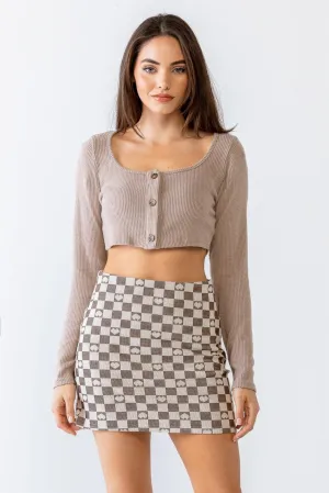 Mocha Ribbed Button-Up Long Sleeve Crop Top /3-2-1