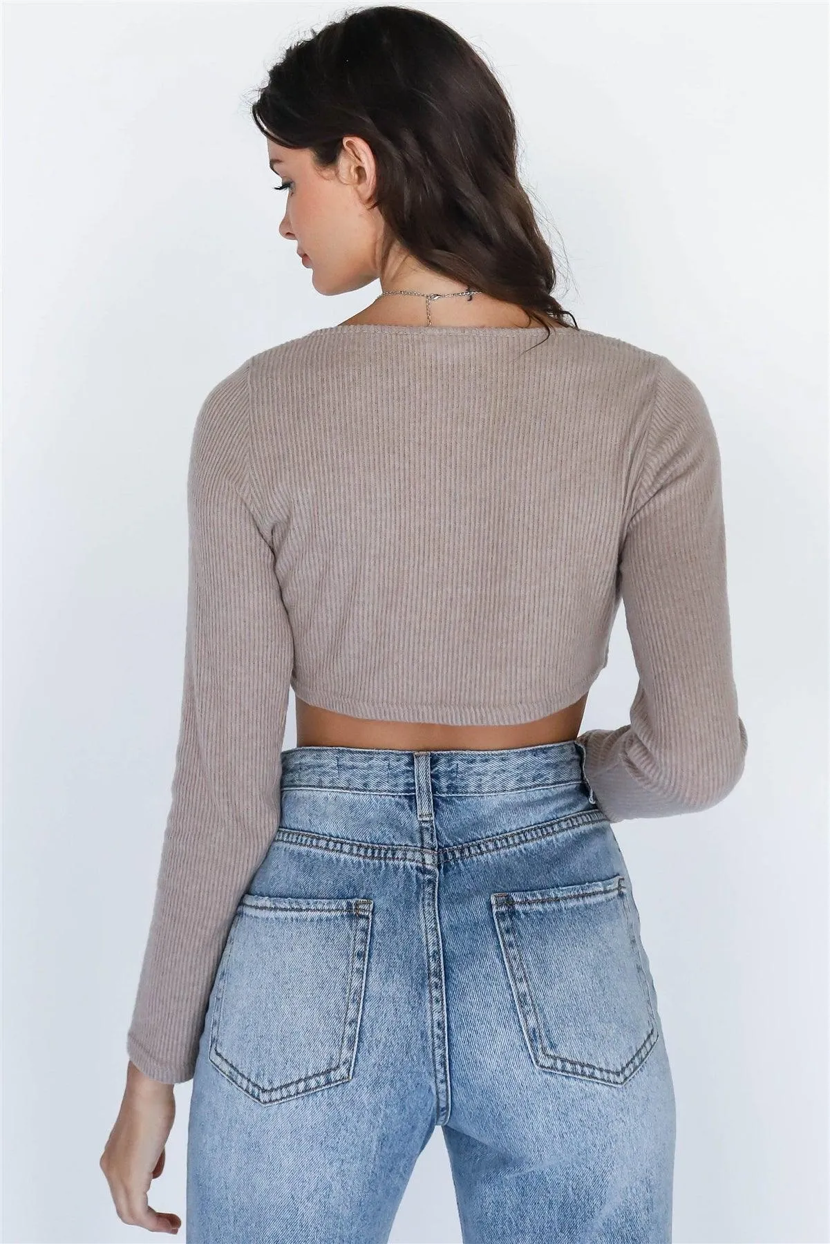 Mocha Ribbed Button-Up Long Sleeve Crop Top /3-2-1