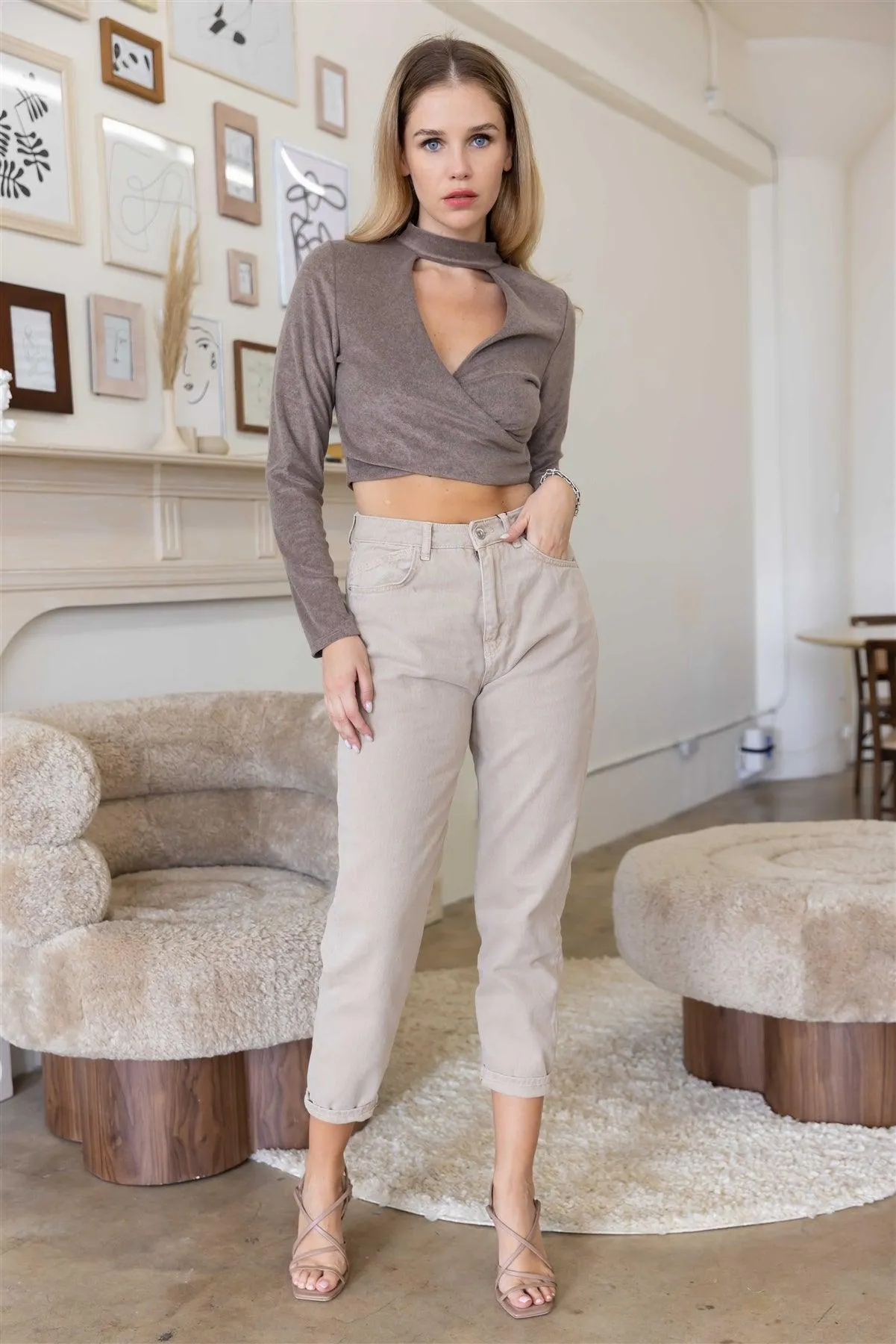 Mocha Wrap V-Neck Long Sleeve Crop Top /3-2-1