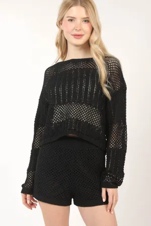 Openwork Cropped Cover Up and Shorts Set