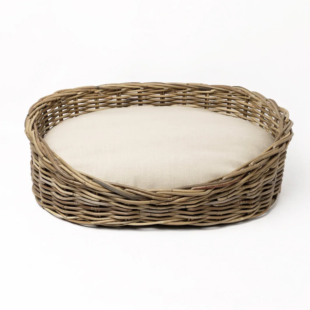 Oval Greywash Rattan Dog Basket & Reversible Mattress Set