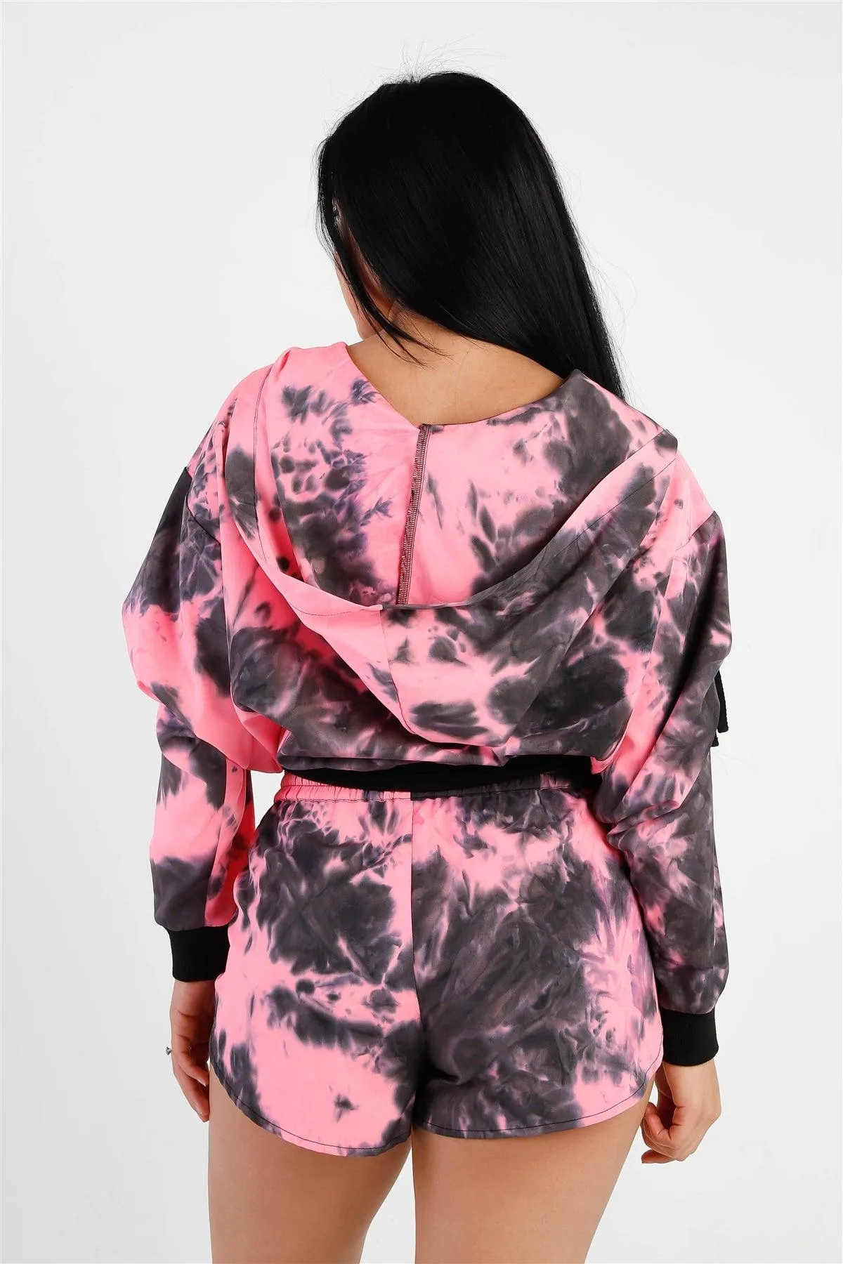 Pink & Black Tie-Dye Zip-Up Tie Sleeve Detail Hooded Crop Top & Short Set /1-1-2