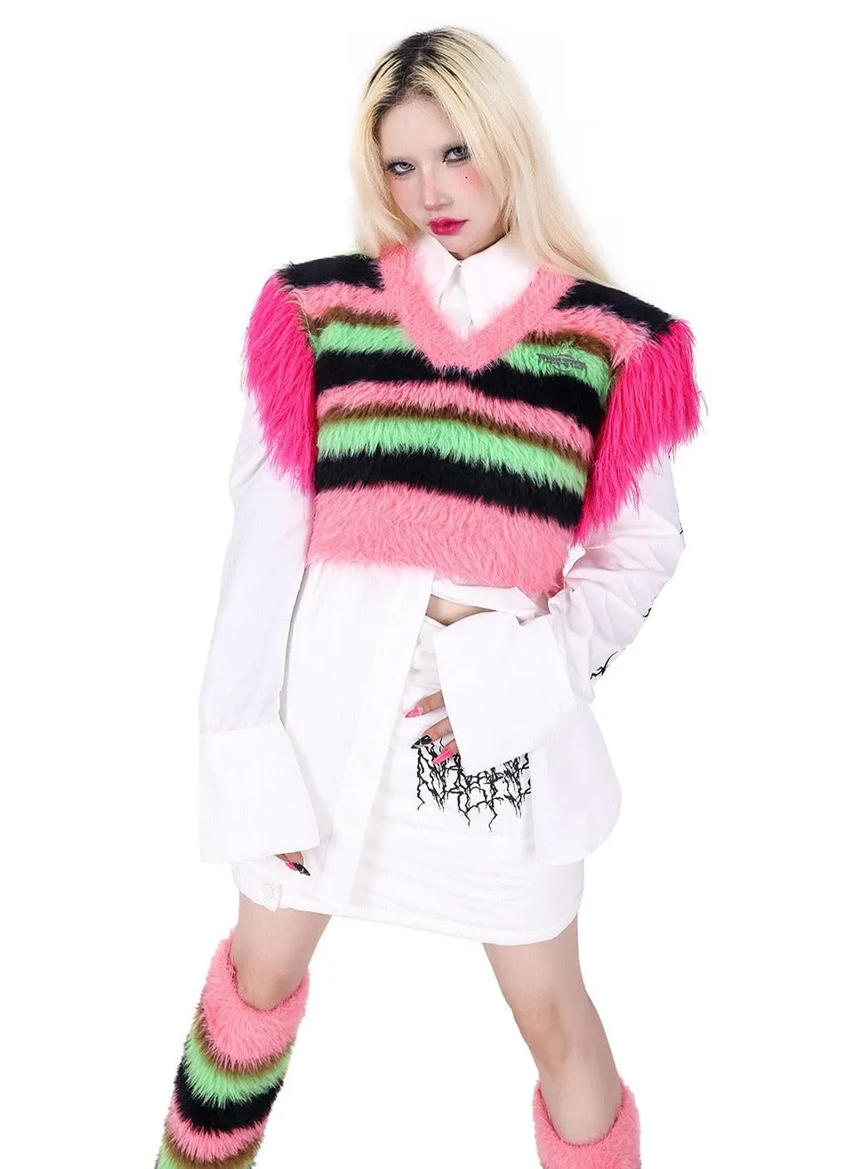 PINKSPINK Neon Rave Fuzzy Crop Sweater - Pink/Green Multi