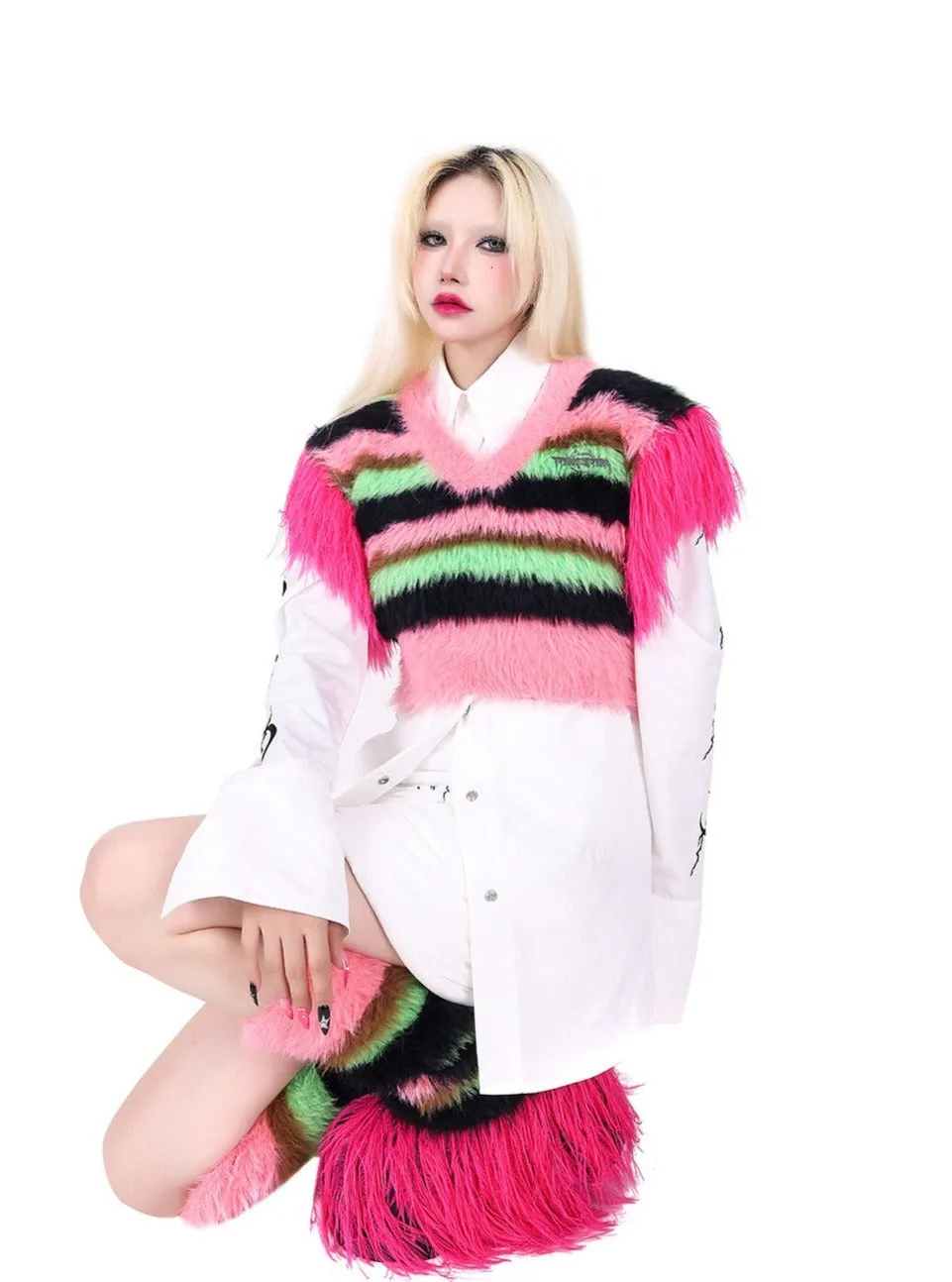 PINKSPINK Neon Rave Fuzzy Crop Sweater - Pink/Green Multi