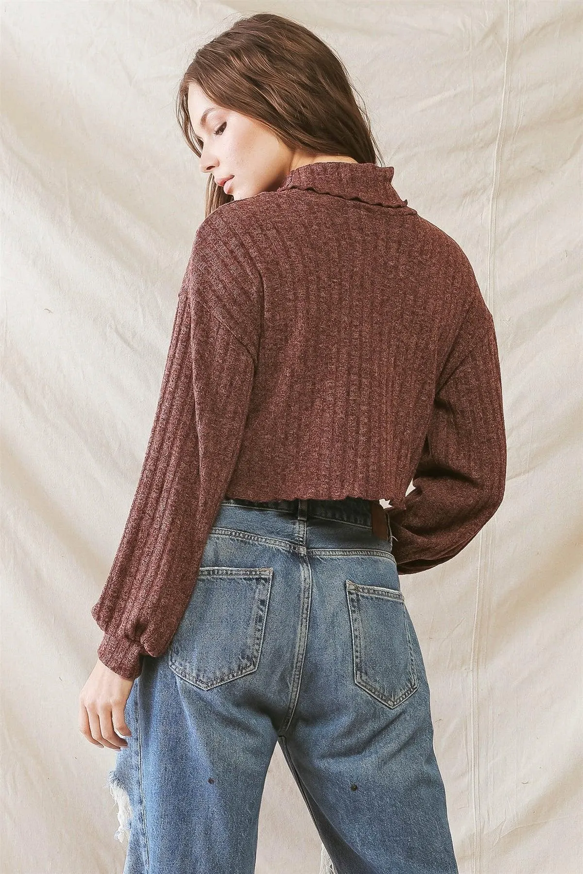 Red Brown Knit Ribbed Stitch Detail Turtle Neck Top /1-2-2-1