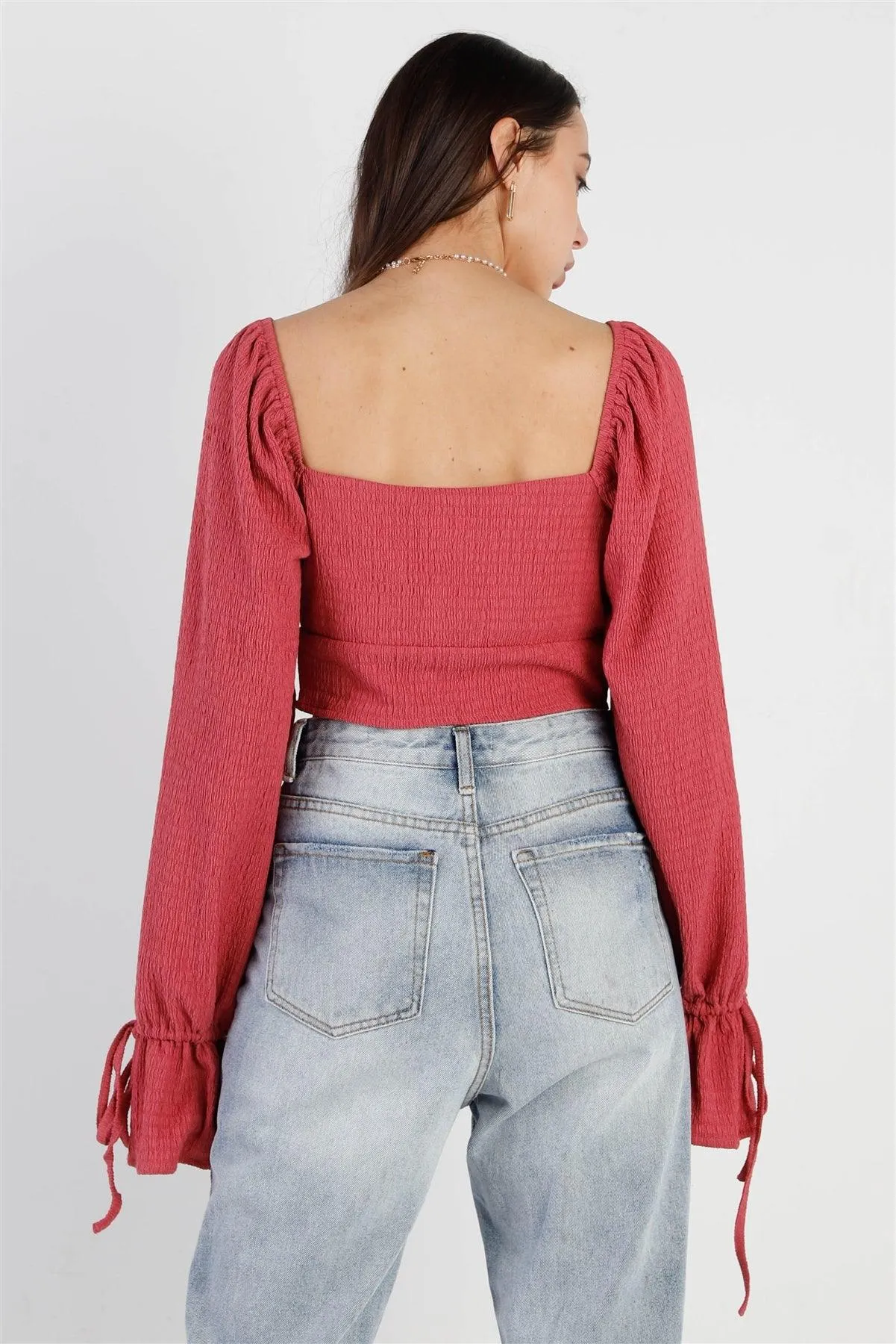 Rose Textured Self-Tie Front & Balloon Sleeve Details Crop Top /3-2-1