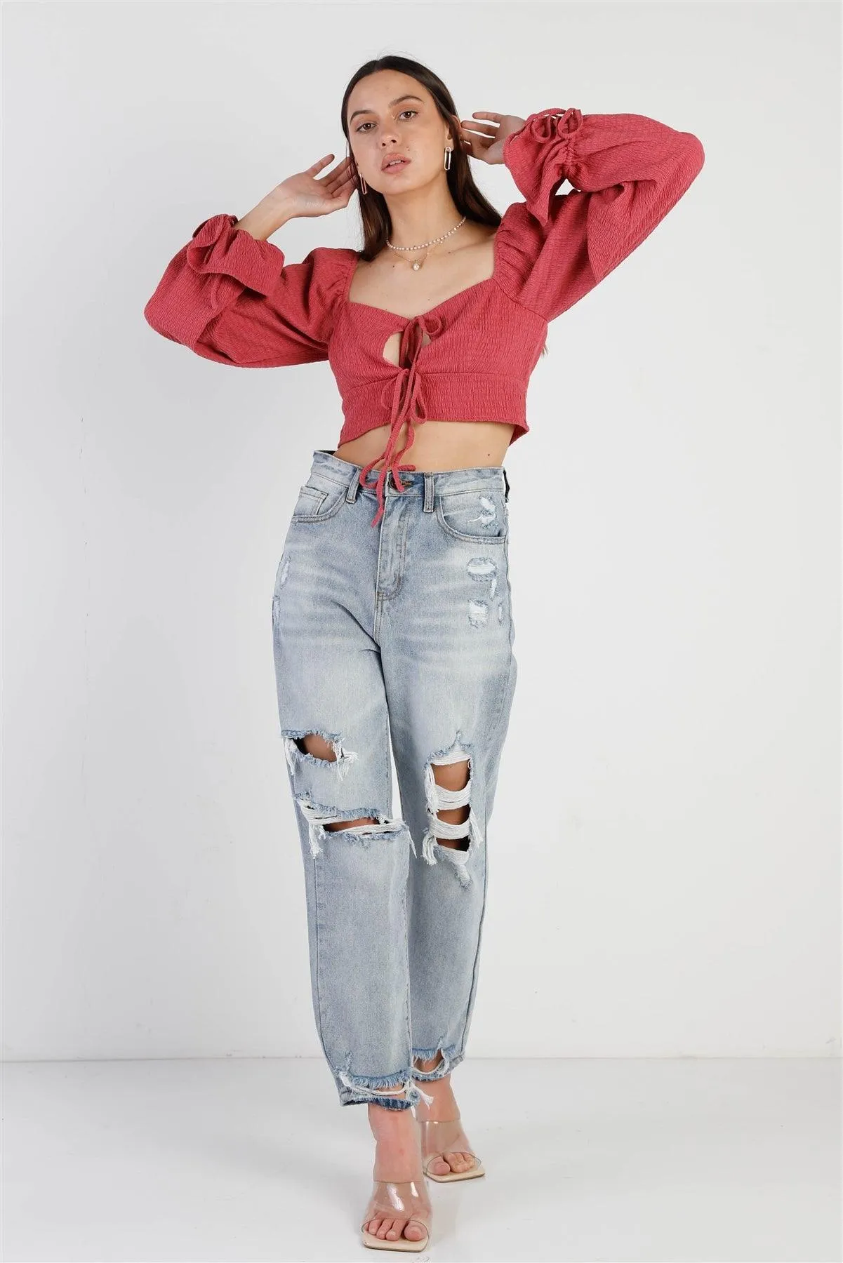 Rose Textured Self-Tie Front & Balloon Sleeve Details Crop Top /3-2-1