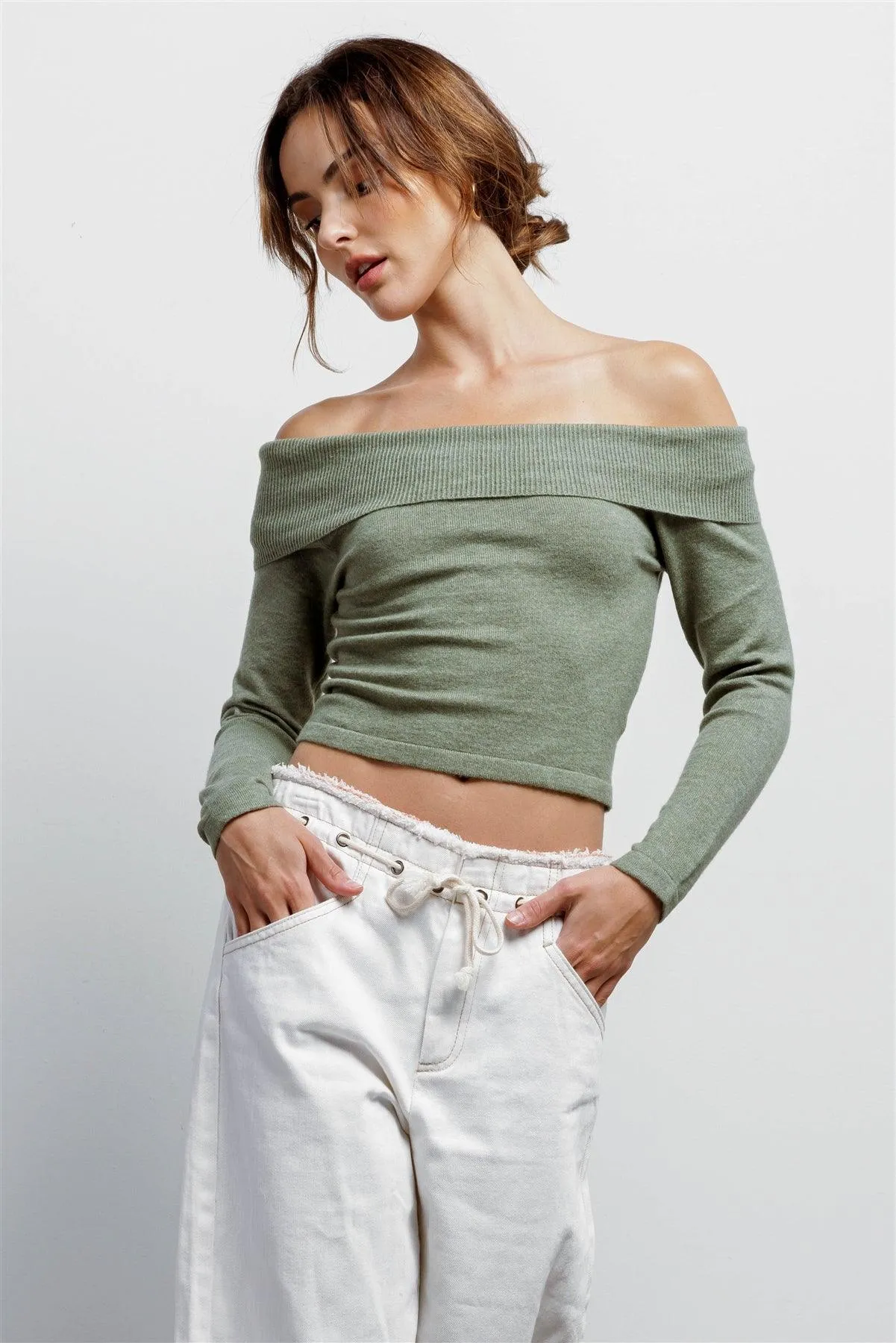 Sage Knit Off-The-Shoulder Long Sleeve Top /3-2-1