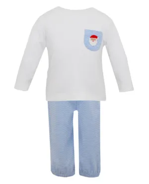 SANTA'S FACE - Blue & white knit stripe boy's pant set w/ white top L/S