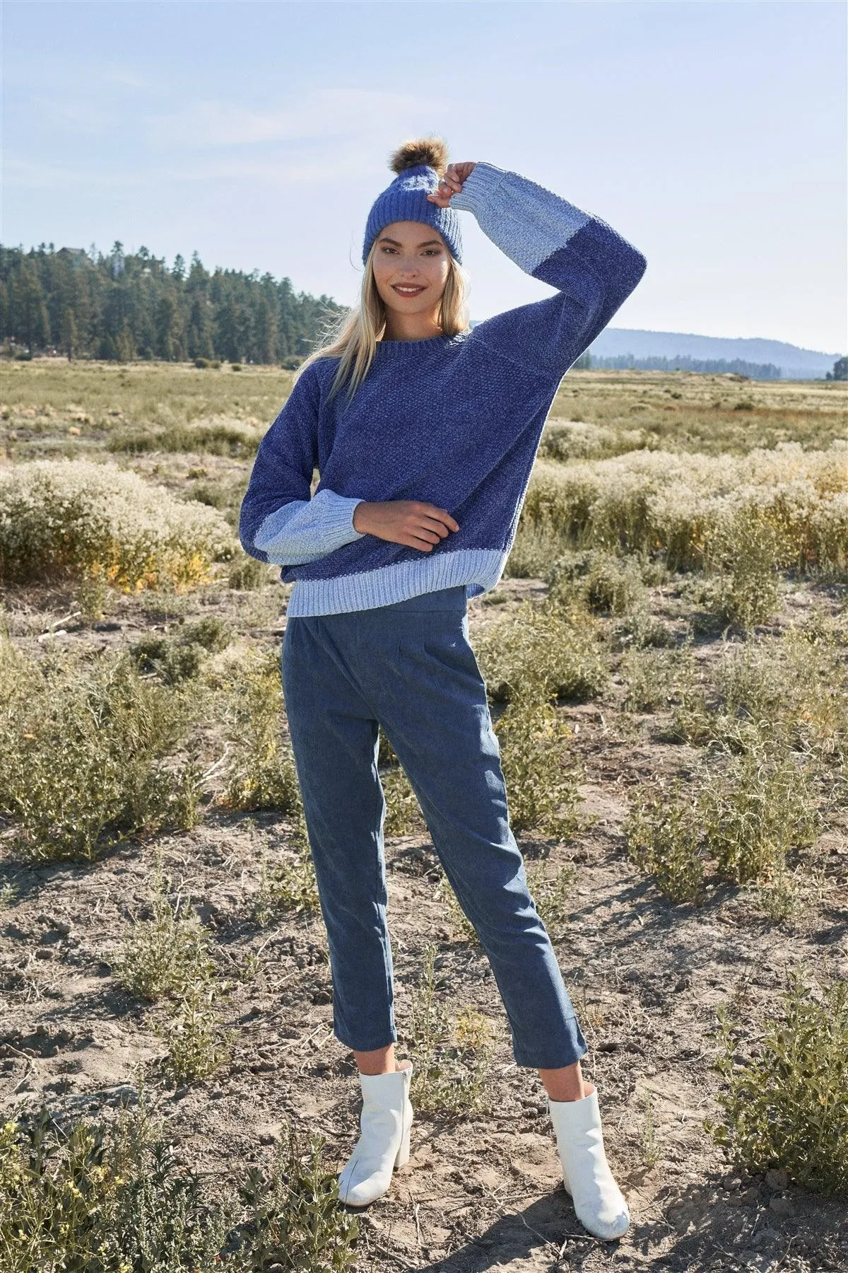 Slate Blue Corduroy Frill Hem High Waist Legged Crop Pants /3-2-1