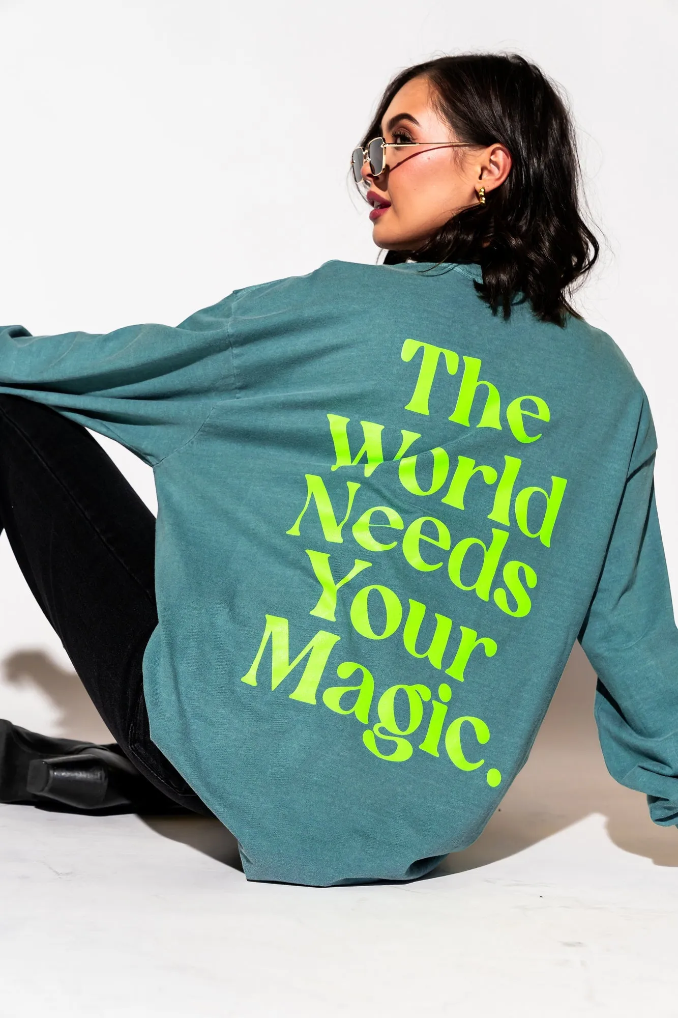 The World Needs Your Magic Oversized Long Sleeve Tee in Sage   Neon