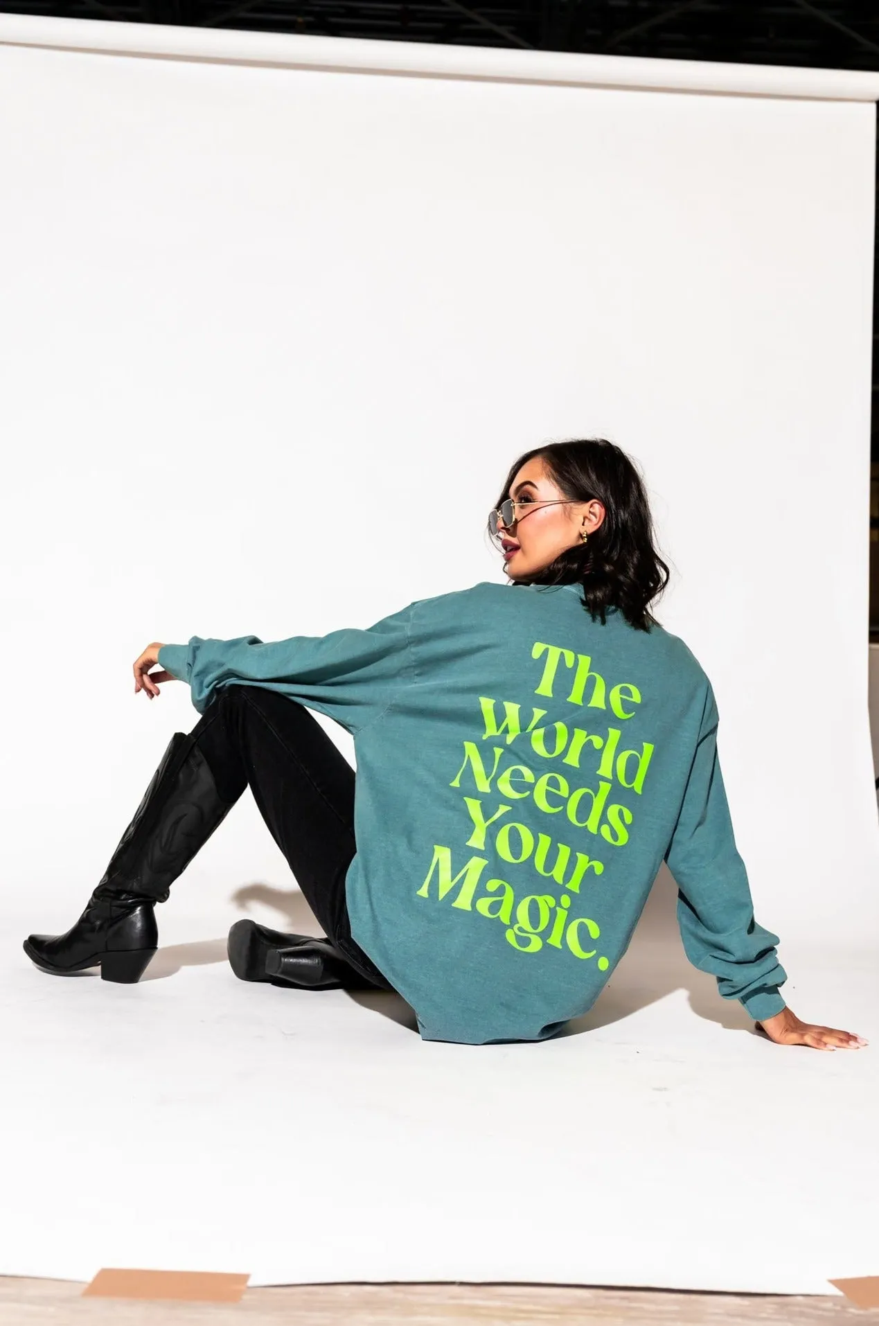 The World Needs Your Magic Oversized Long Sleeve Tee in Sage   Neon