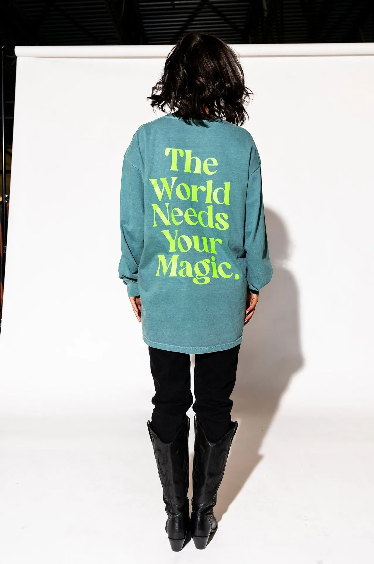 The World Needs Your Magic Oversized Long Sleeve Tee in Sage   Neon