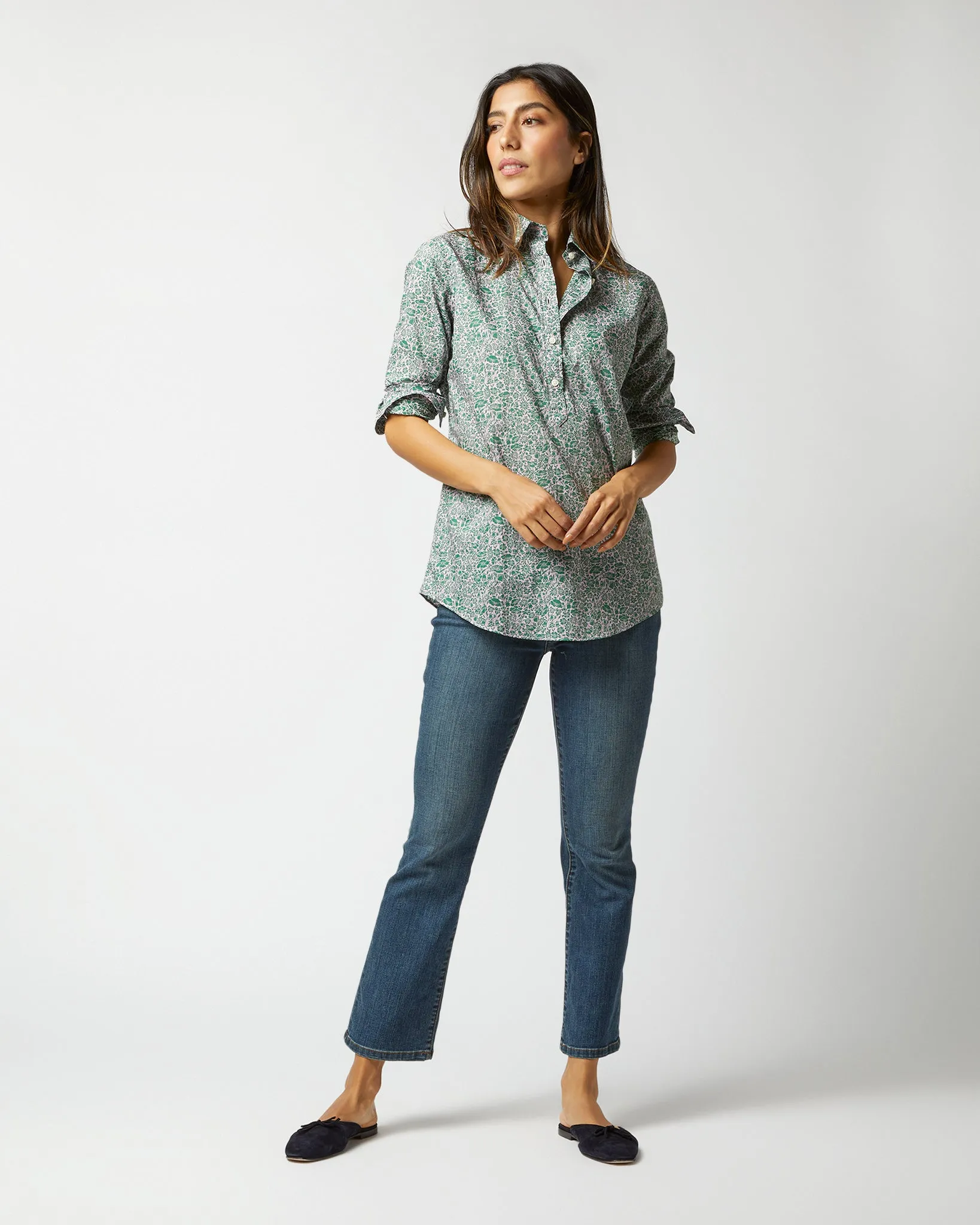 Tomboy Popover Shirt in Green/Rose Poppy Day Liberty Fabric