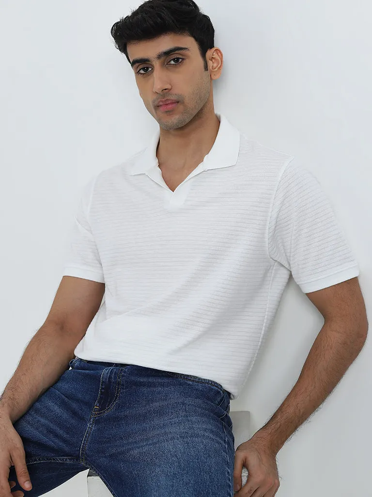 WES Casuals White Textured Relaxed-Fit Polo T-Shirt